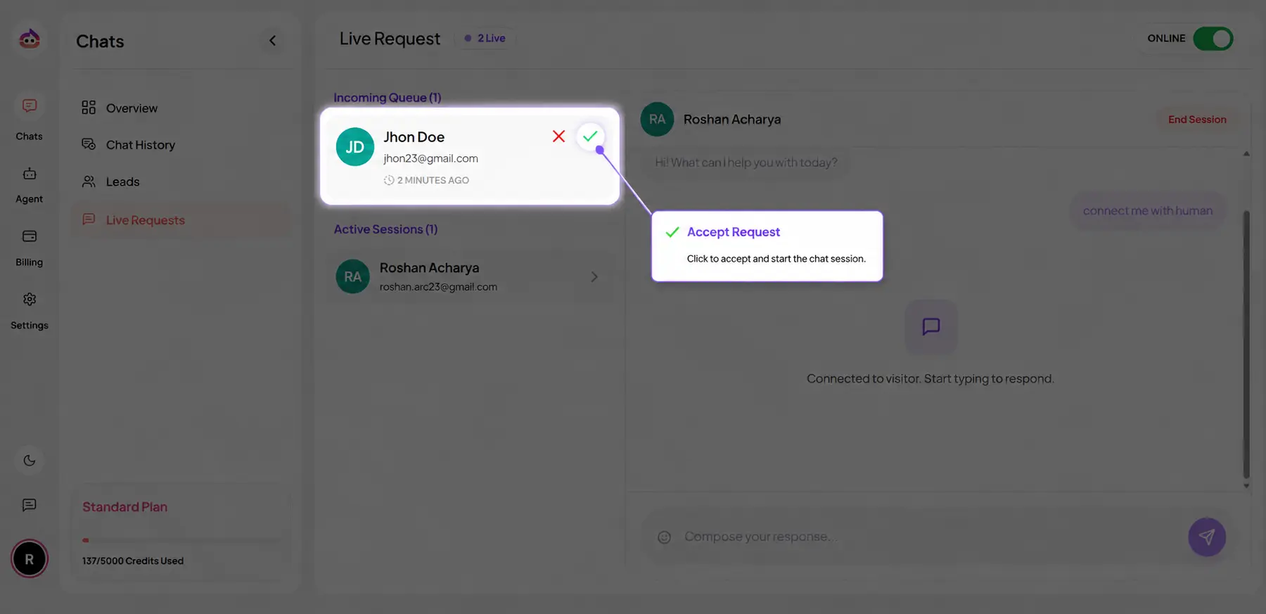 Click to zoom Agent-side inbox showing incoming handoff requests