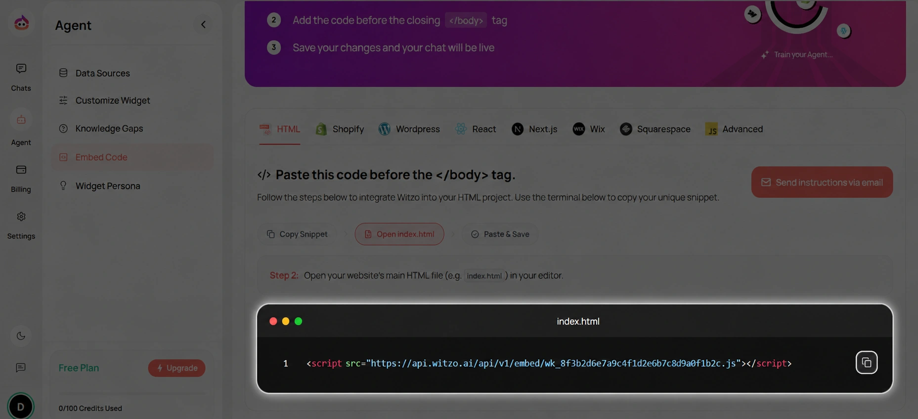 Click to zoom Screenshot for step 1: Copy widget script