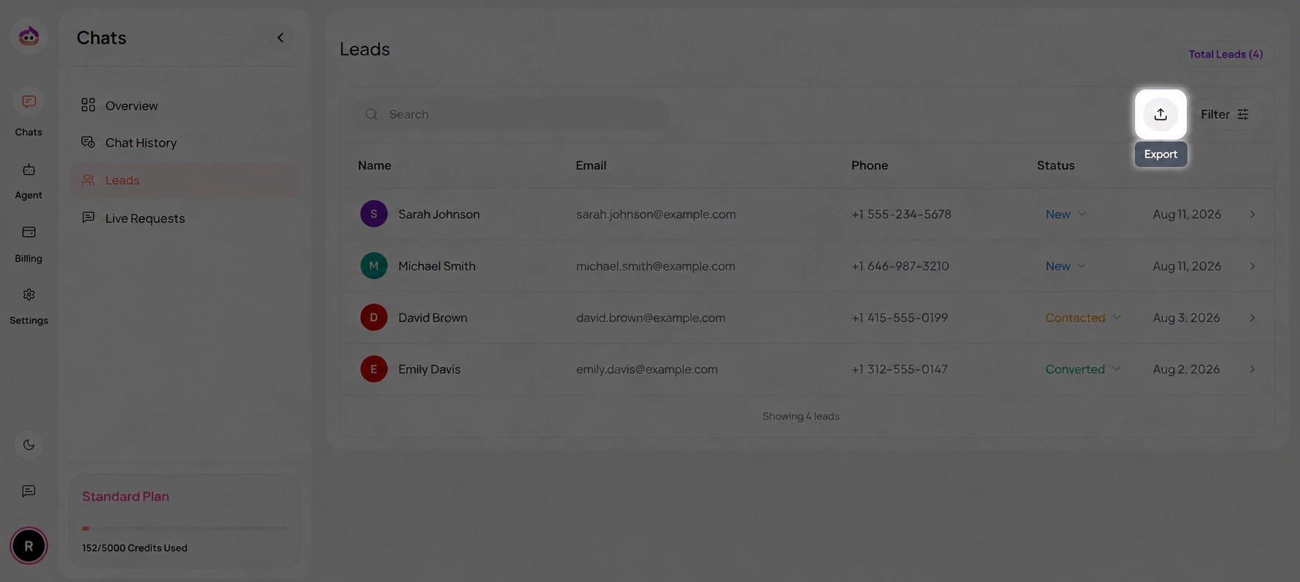 Click to zoom Lead export screenshot
