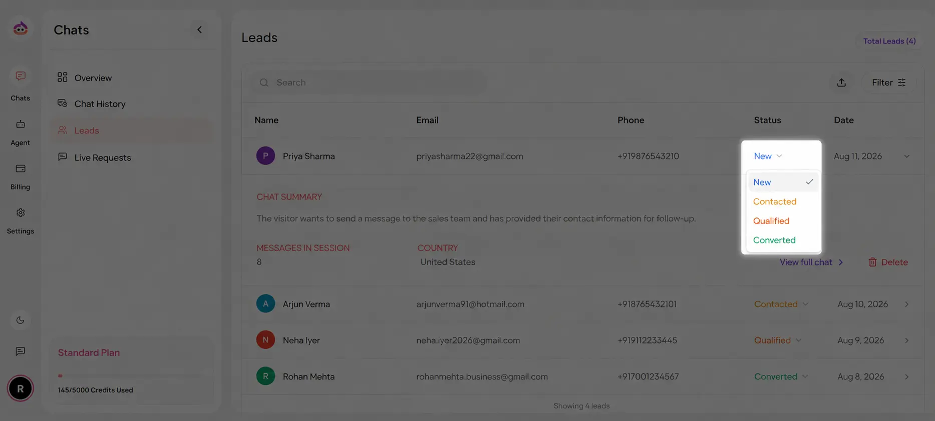 Click to zoom Lead status screenshot