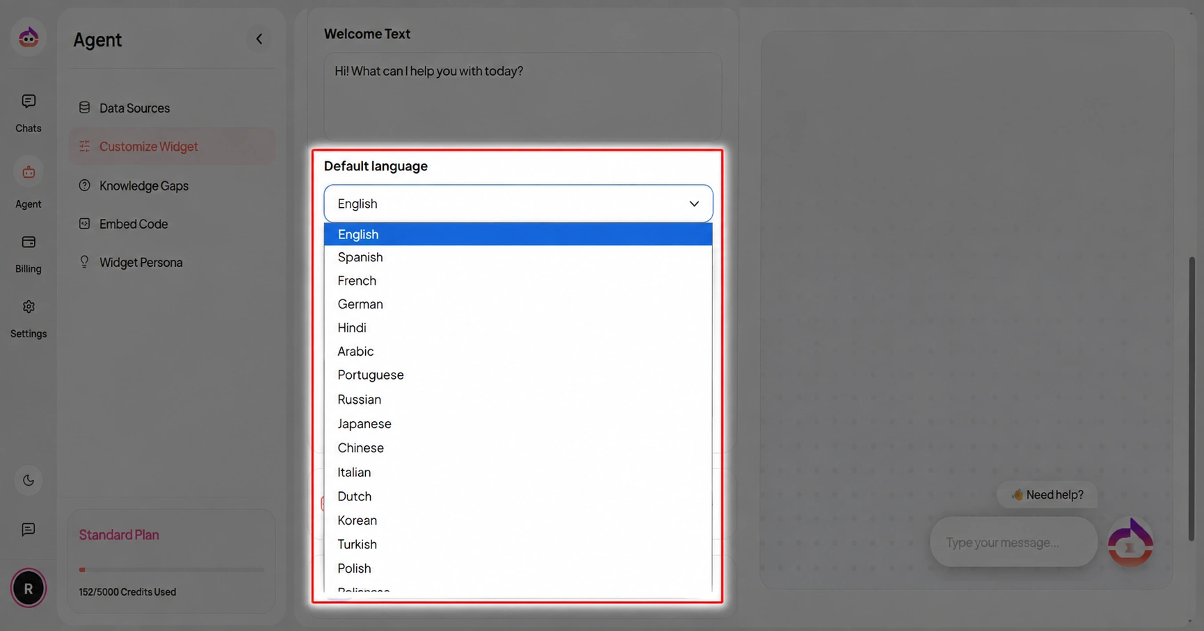 Click to zoom Default language selection in Customize Widget