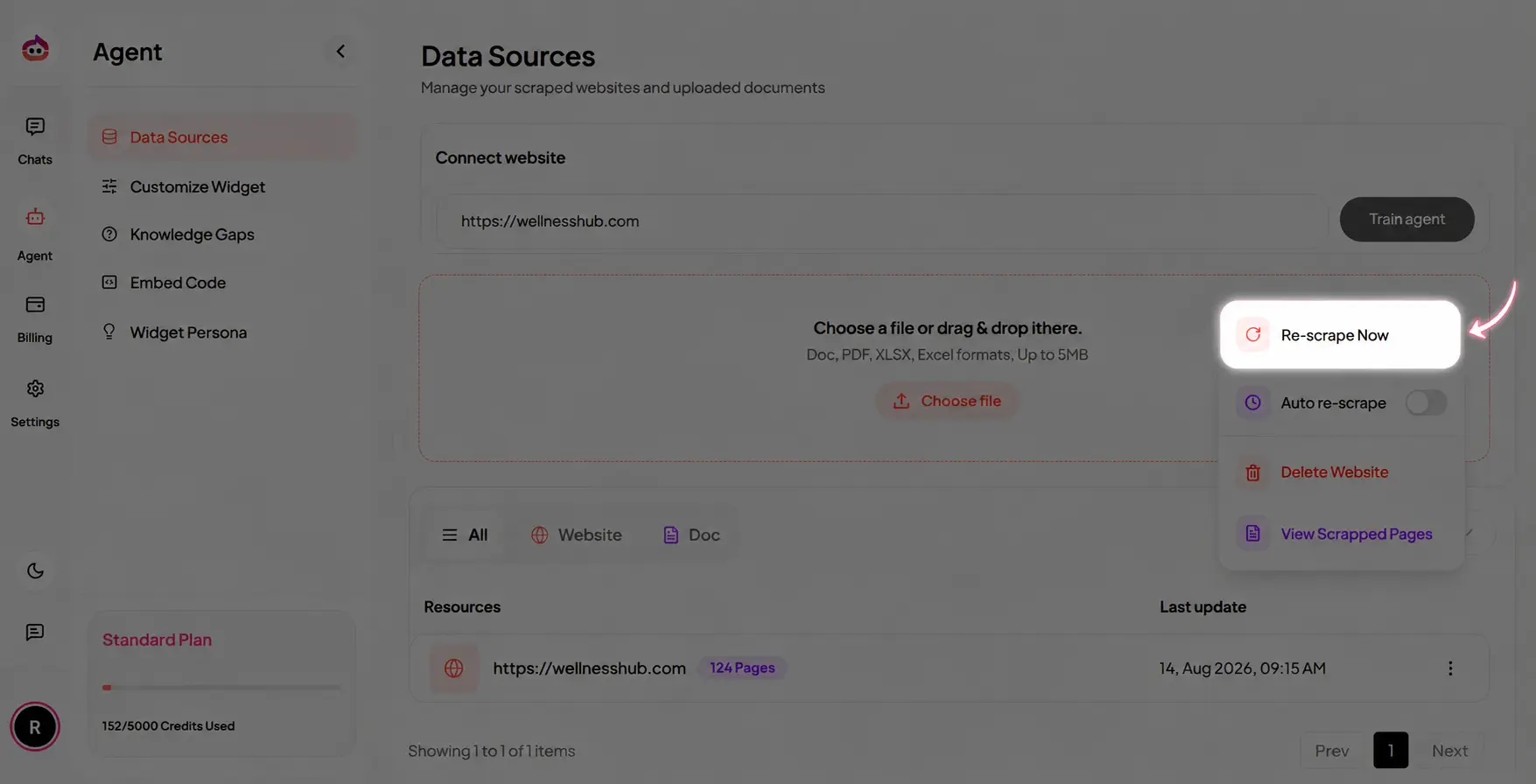 Click to zoom Re-scrape action in the dashboard