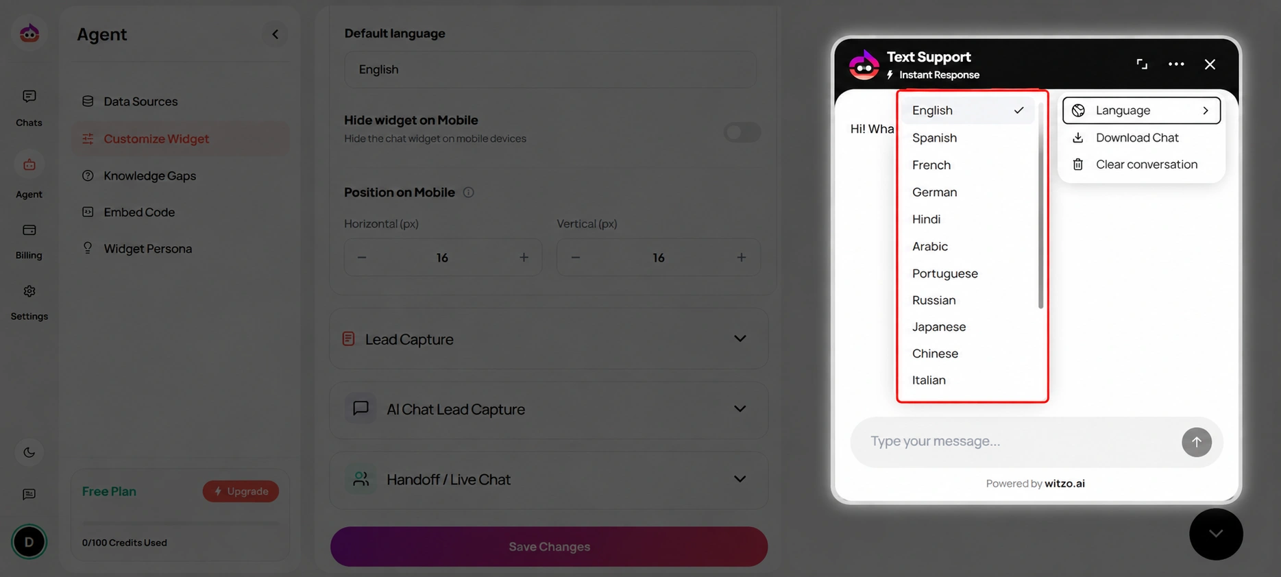 Click to zoom Language selector in the Witzo chat widget